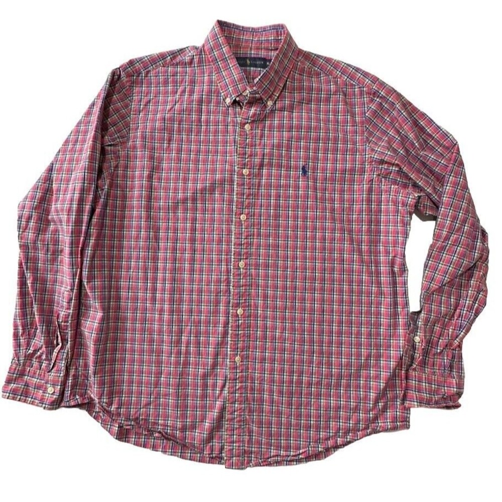 Ralph Lauren Shirt Mens XL Multicolor Pink Plaid Blue Pony Logo Easter Church LS